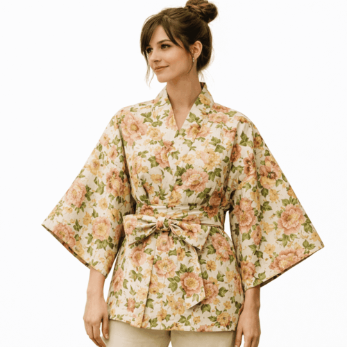 Kimono corto con fajin de cretona beige con flores Julunggul
