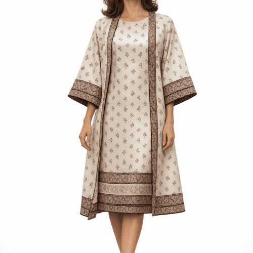 Kimono de seda y vestido de seda a juego beige con cenefasnJulunggul