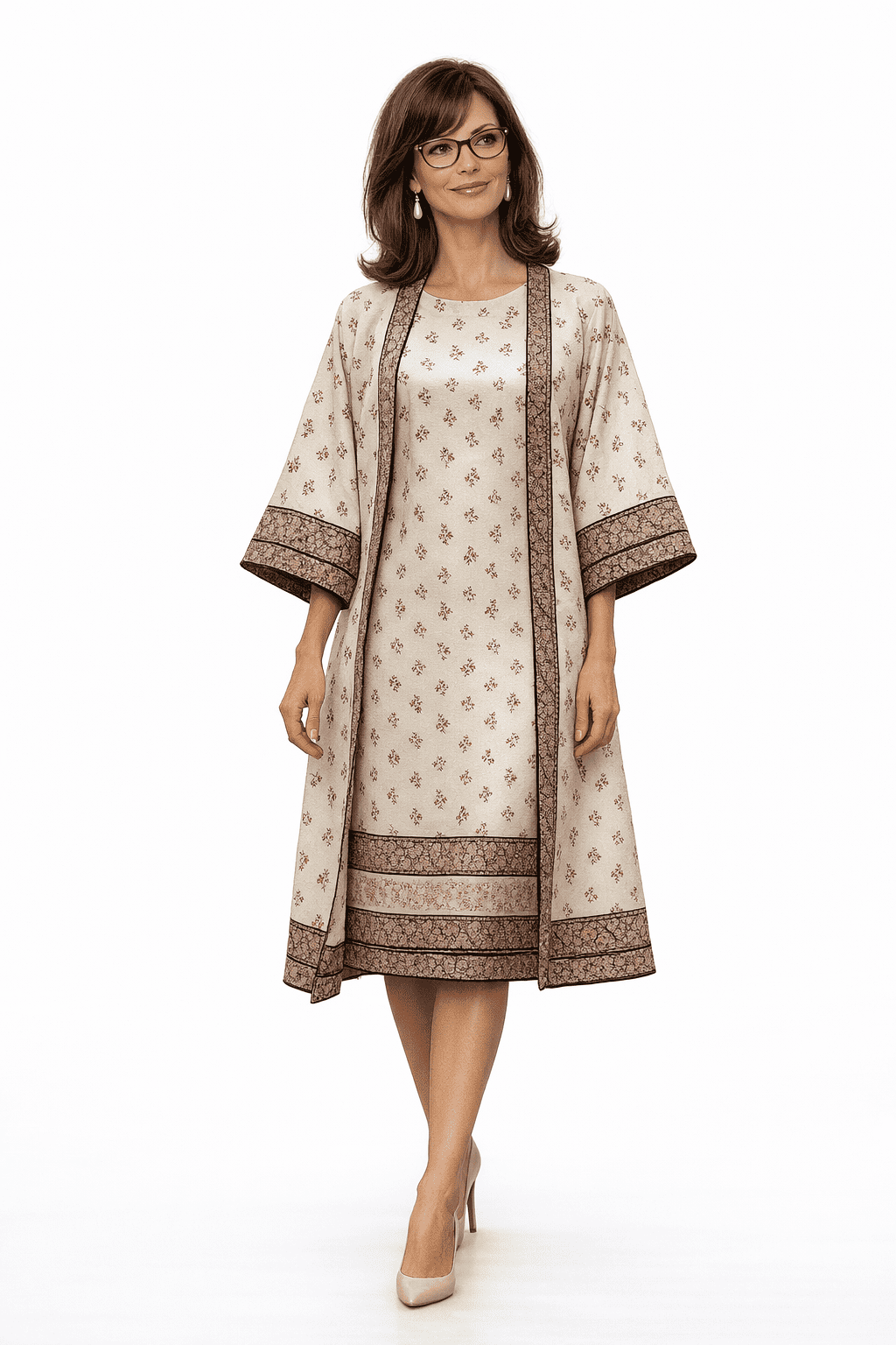 Kimono de seda y vestido de seda a juego beige con cenefasnJulunggul