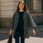 Kimono de semiseda azul marino con cachemires Julunggul