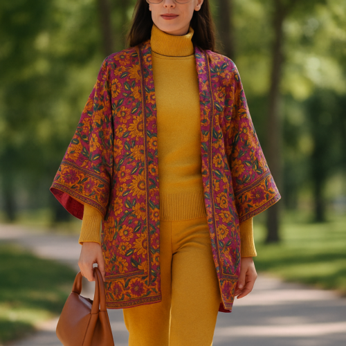 Kimono de semiseda corto berenjena y flores mostaza Julunggul