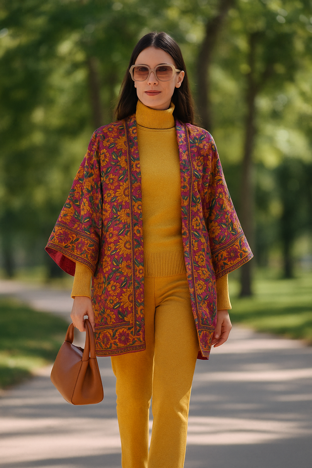 Kimono de semiseda corto berenjena y flores mostaza Julunggul