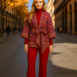 Kimono de semiseda corto rojo con flores Julunggul