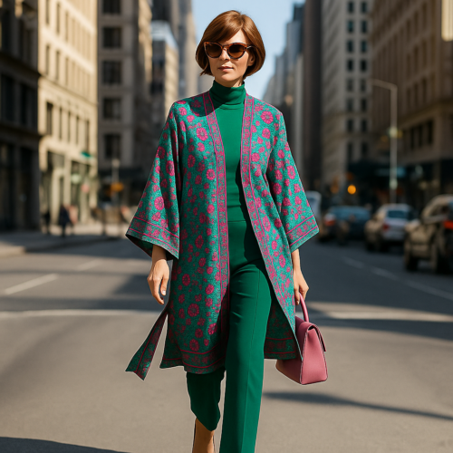Kimono de semiseda verde con flores fucsia 2 Julunggul