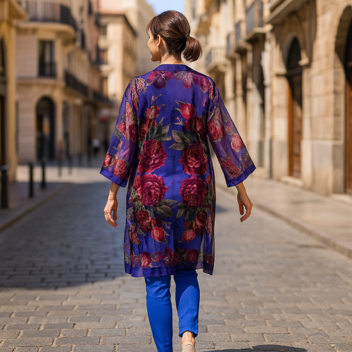 Kimono de terciopelo devore azul klein con flores rosa Julunggul