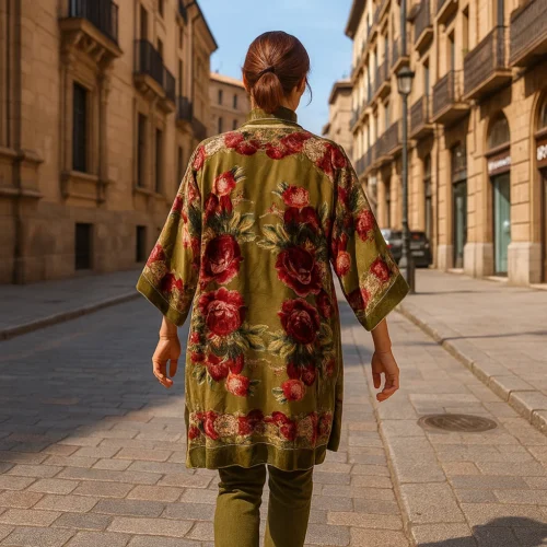 Kimono de terciopelo devore verde con flores Julunggul