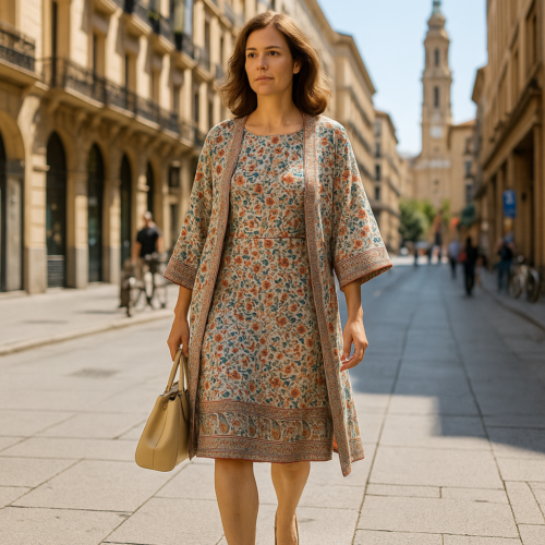 Kimono y vestido semiseda beige con flores Julunggul