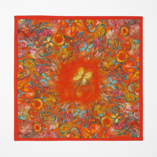 Pañuelo de seda 52x52 cm rojo con flores y mariposas Julunggul