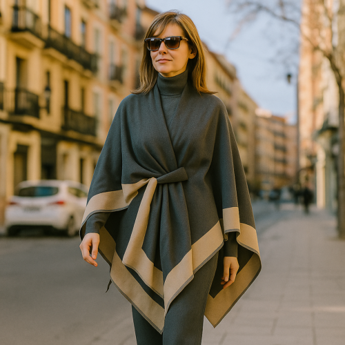 Poncho capa gris marengo y camel con trabilla Julunggul