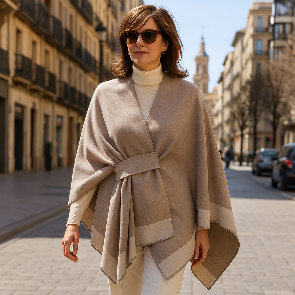 Poncho capa piedra y beige con trabilla Julunggul