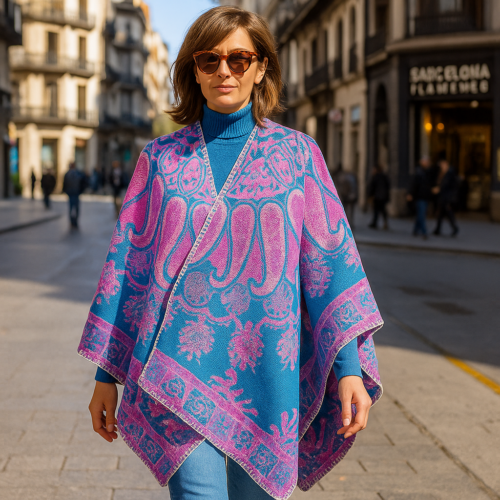 Poncho capa reversible estampado azul y fucsia 2 Julunggul