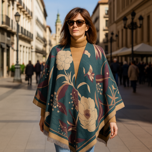 Poncho capa reversible estampado flores verde y cámel 3 Julunggul