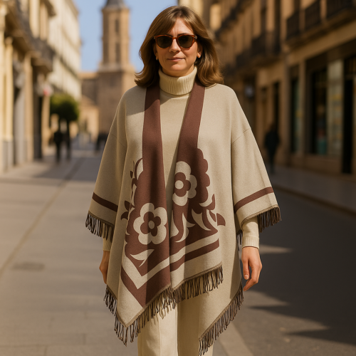 Poncho capa reversible marrón y beige estampado 2 Julunggul