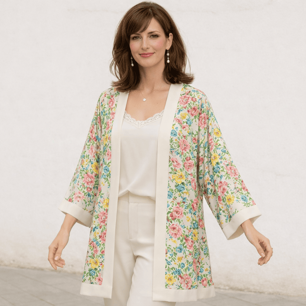Kimono corto de semiseda beige con flores de colores 1 Julunggul