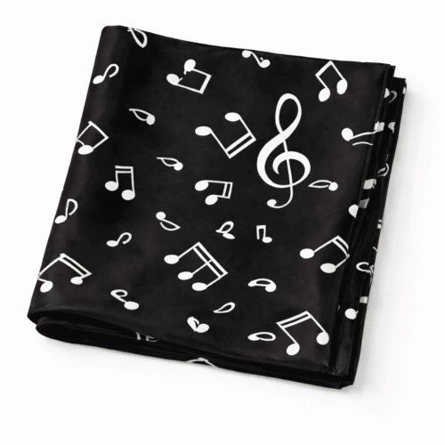 Pañuelo de semiseda negro con notas musicales blancas 90x90 cm 1 Julunggul
