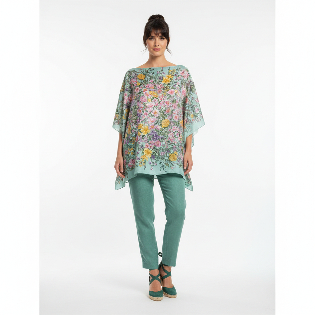 Caftan bluson corto de semi seda verde mar con flores Julunggul