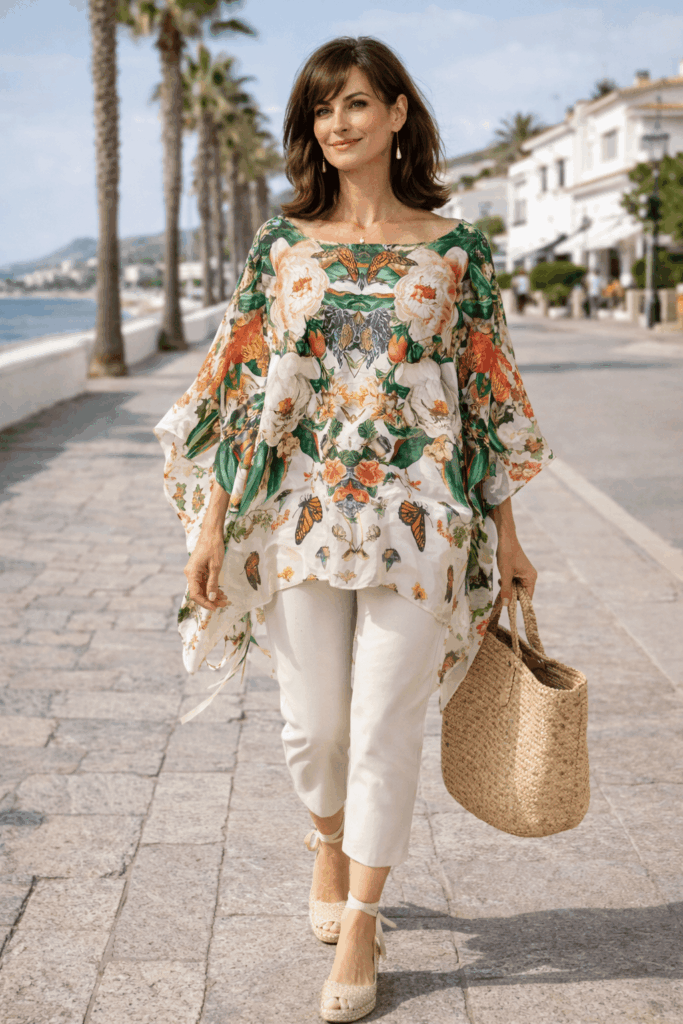 Caftan o kaftan de seda natural beige estampado con flores y mariposas exclusivo a medida de Julunggul