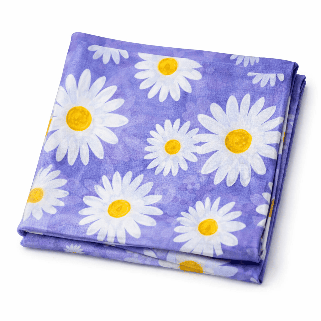 Fular de seda 100 reversible con forro lavanda con margaritas blancas Julunggul