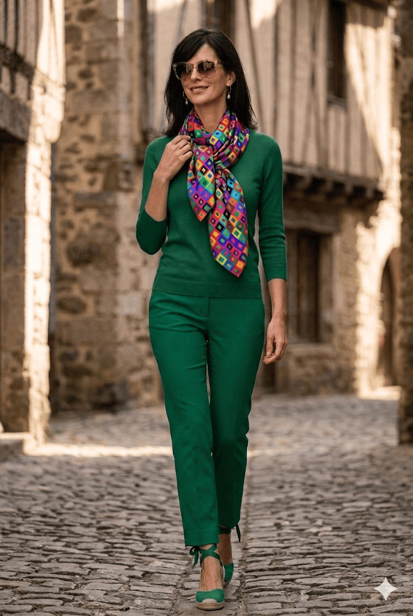 Fular de seda de mujer cuadros colores verde morado fucsia exclusivo de Julunggul