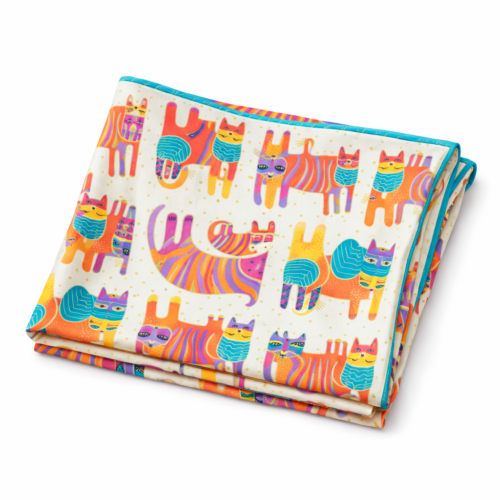 Fular de seda natural beige con gatos de colores Julunggul