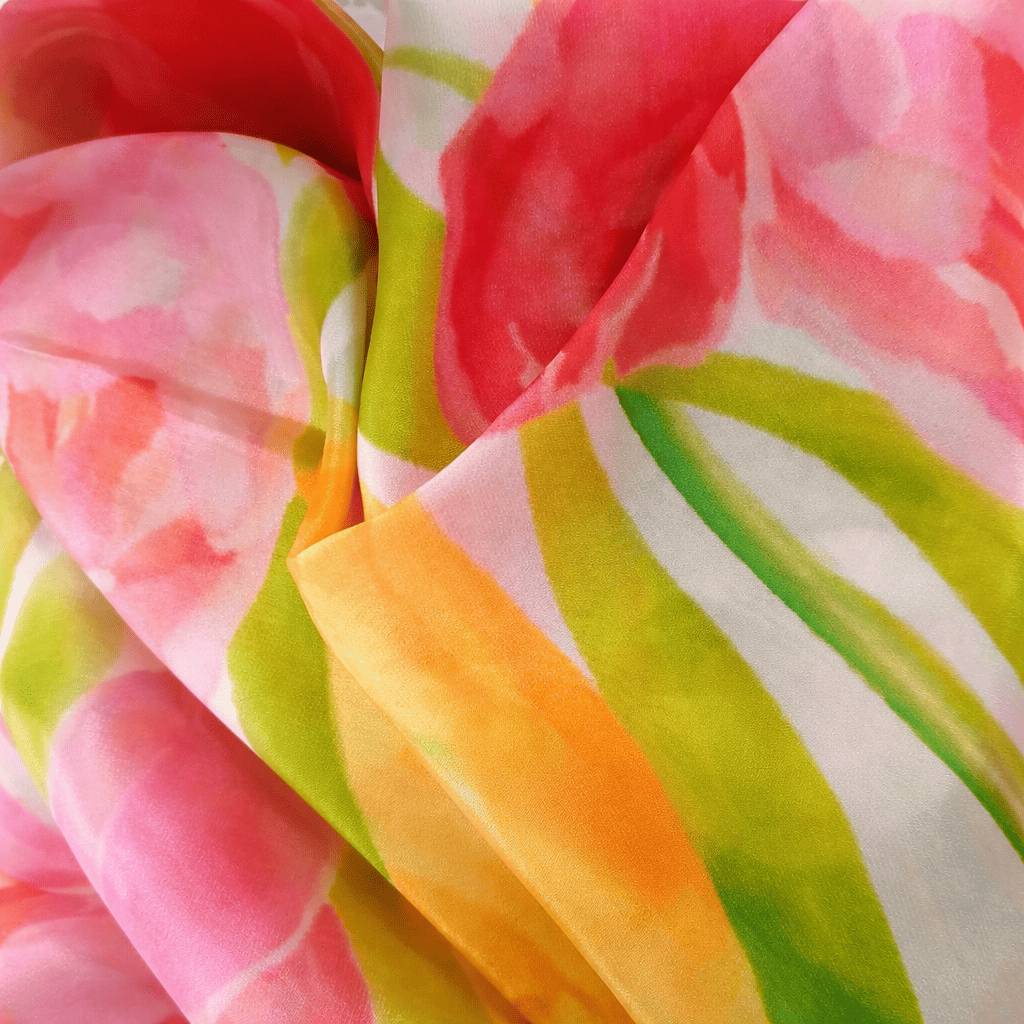 Fular de seda natural blanco con tulipanes rosas y amarillos Julunggul