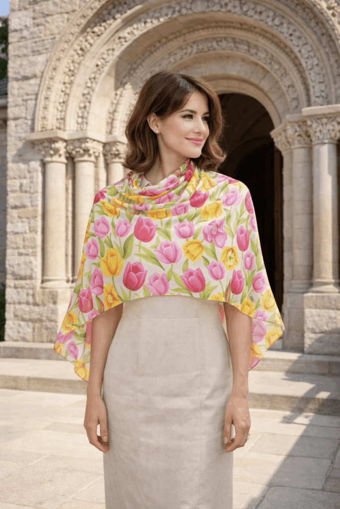 Fular de seda natural chal blanco con tulipanes rosa y amarillo