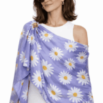 Fular de seda natural chal color lavanda con margaritas blancas 2 Julunggul