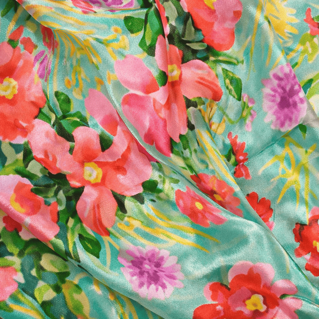 Fular de seda natural chal reversible verde mar con flores fucsia Julunggul