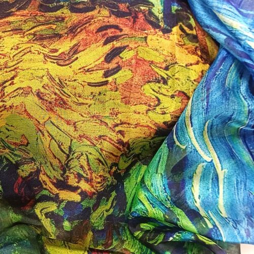 Fular de seda natural de mujer azul y mostaza Van Gogh Julunggul