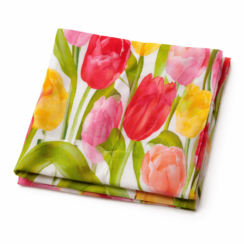 Fular de seda natural reversible con forro blanco con tulipanes rosas y amarillos Julunggul