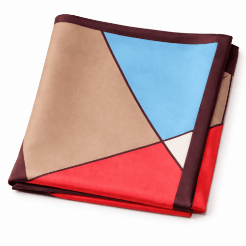 Fular de semiseda con forro estampado geometrico azul roko y camel