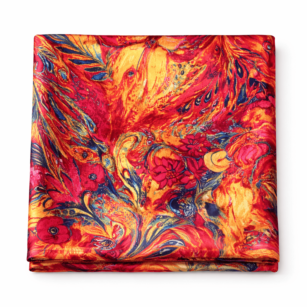 Fular de semiseda estampado rojo fucsia y amarillo 1 Julunggul
