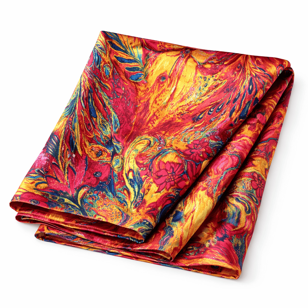 Fular de semiseda estampado rojo fucsia y amarillo Julunggul