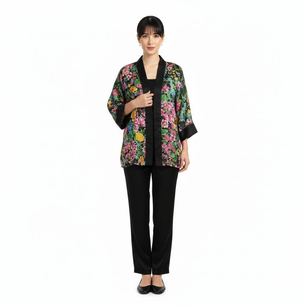 Kimono corto de semiseda negro con flores 1 Julunggul