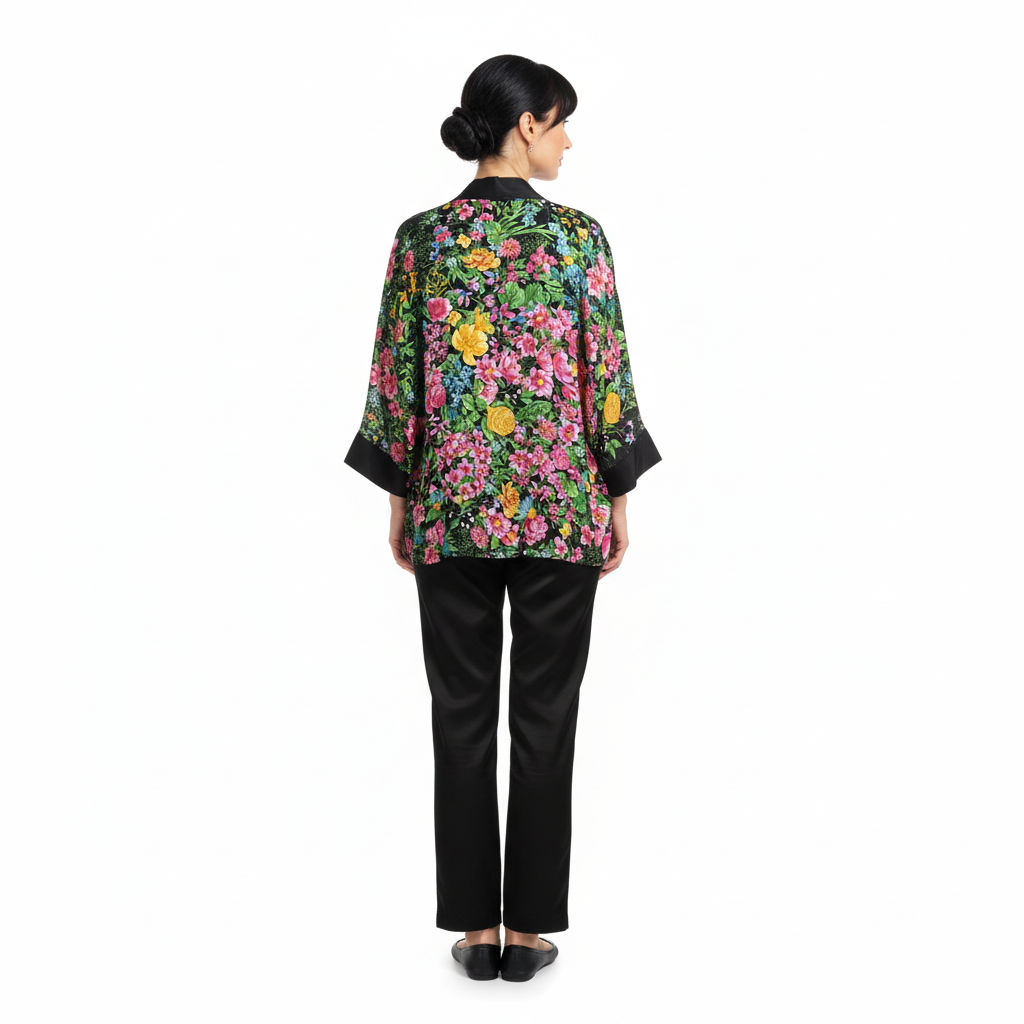 Kimono corto de semiseda negro con flores Julunggul
