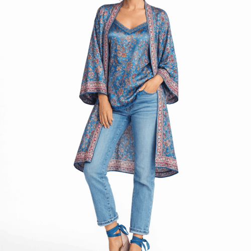 Kimono de seda azul estampado y top a juego Julunggul