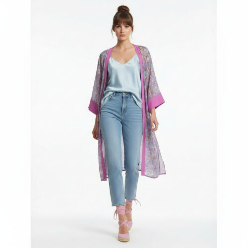 Kimono de seda de mujer estampada fucsia azul y verde Julunggul