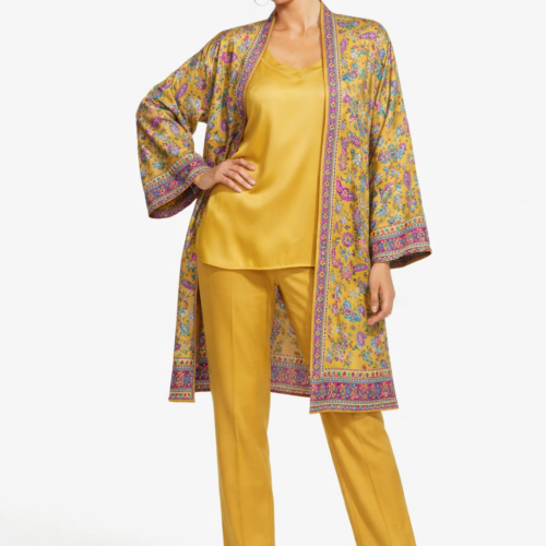 Kimono de seda estampado mostaza con cenefas Julunggul