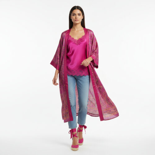 Kimono de seda natural largo fucsia estampado Julunggul