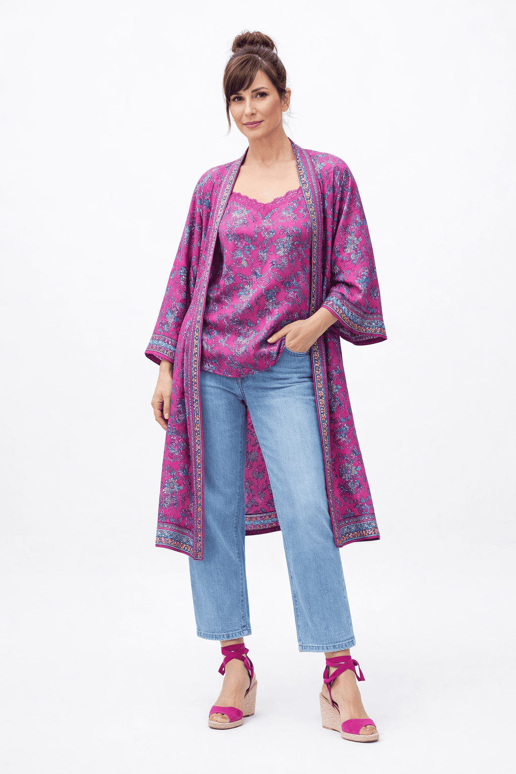Kimono de seda y top a juego jucsia estampado oriental Julunggul