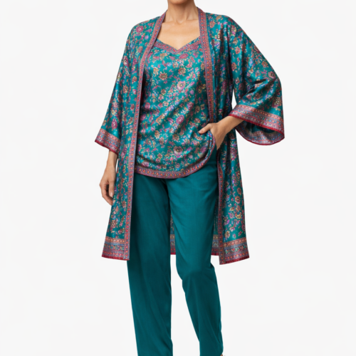 Kimono de seda y top a juego verde estampado oriental Julunggul