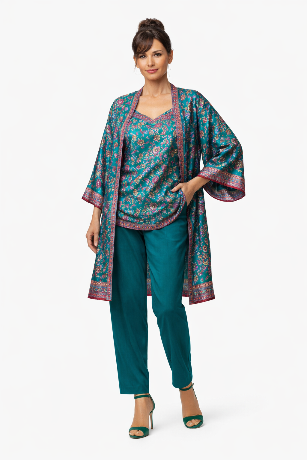 Kimono de seda y top a juego verde estampado oriental Julunggul