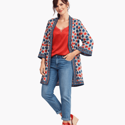 Kimono de semiseda corto blanco roto rojo y azul jUlunggul