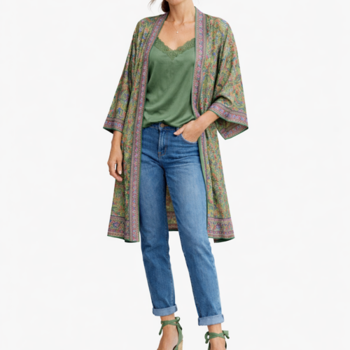Kimono de semiseda de mujer estampado verde con cenefas Julunggul