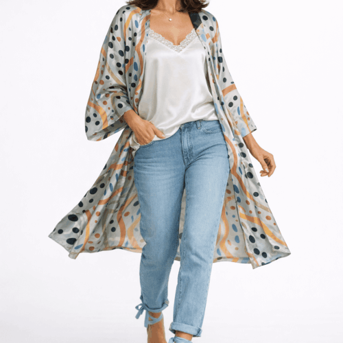 Kimono de semiseda largo azul estampado Julunggul
