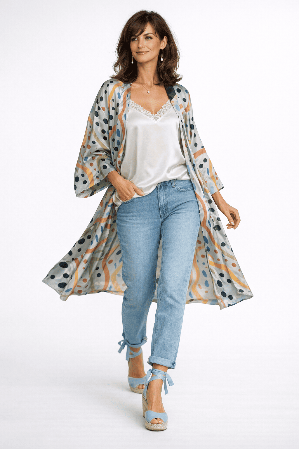 Kimono de semiseda largo azul estampado Julunggul
