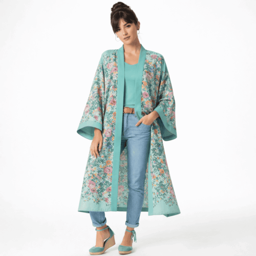 Kimono de semiseda largo verde mar con flores Julunggul