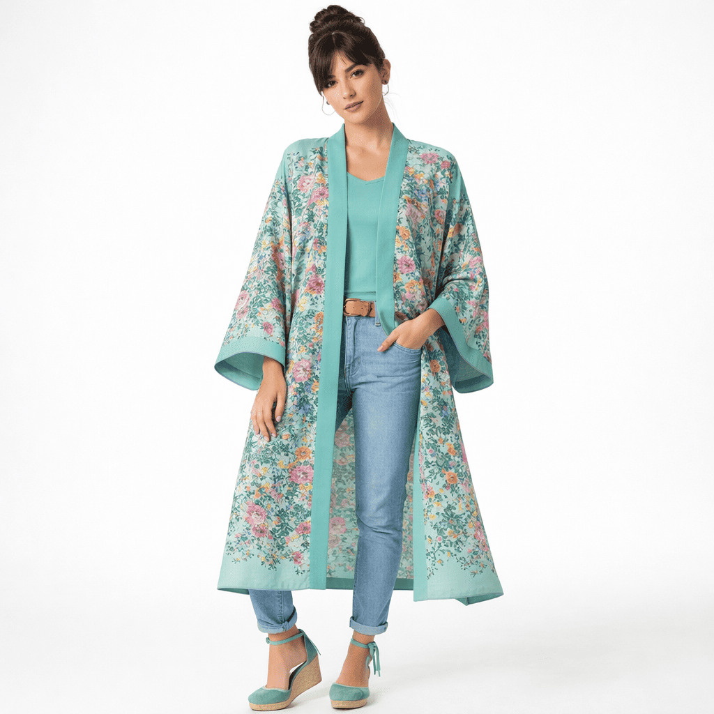 Kimono de semiseda largo verde mar con flores Julunggul