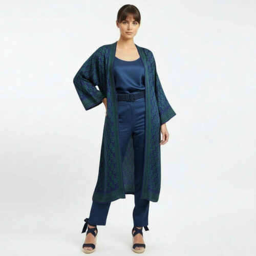 Kimono largo de semiseda azul y verde Julunggul