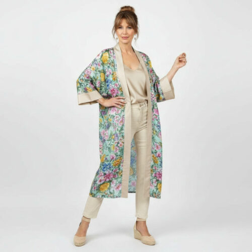 Kimono largo de semiseda beige crudo con flores julunggul